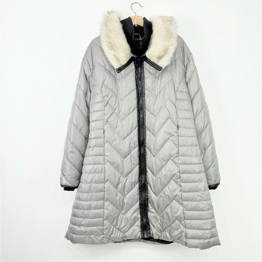 30 First Quilted Insulated Gray Long Puffer Coat Faux Fur Collar